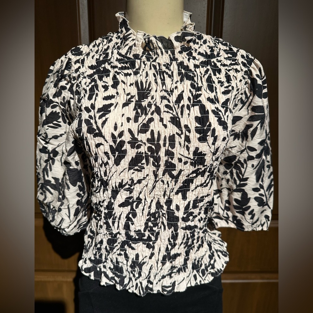 H&M Black and White Ruched Blouse with Peter Pan Collar